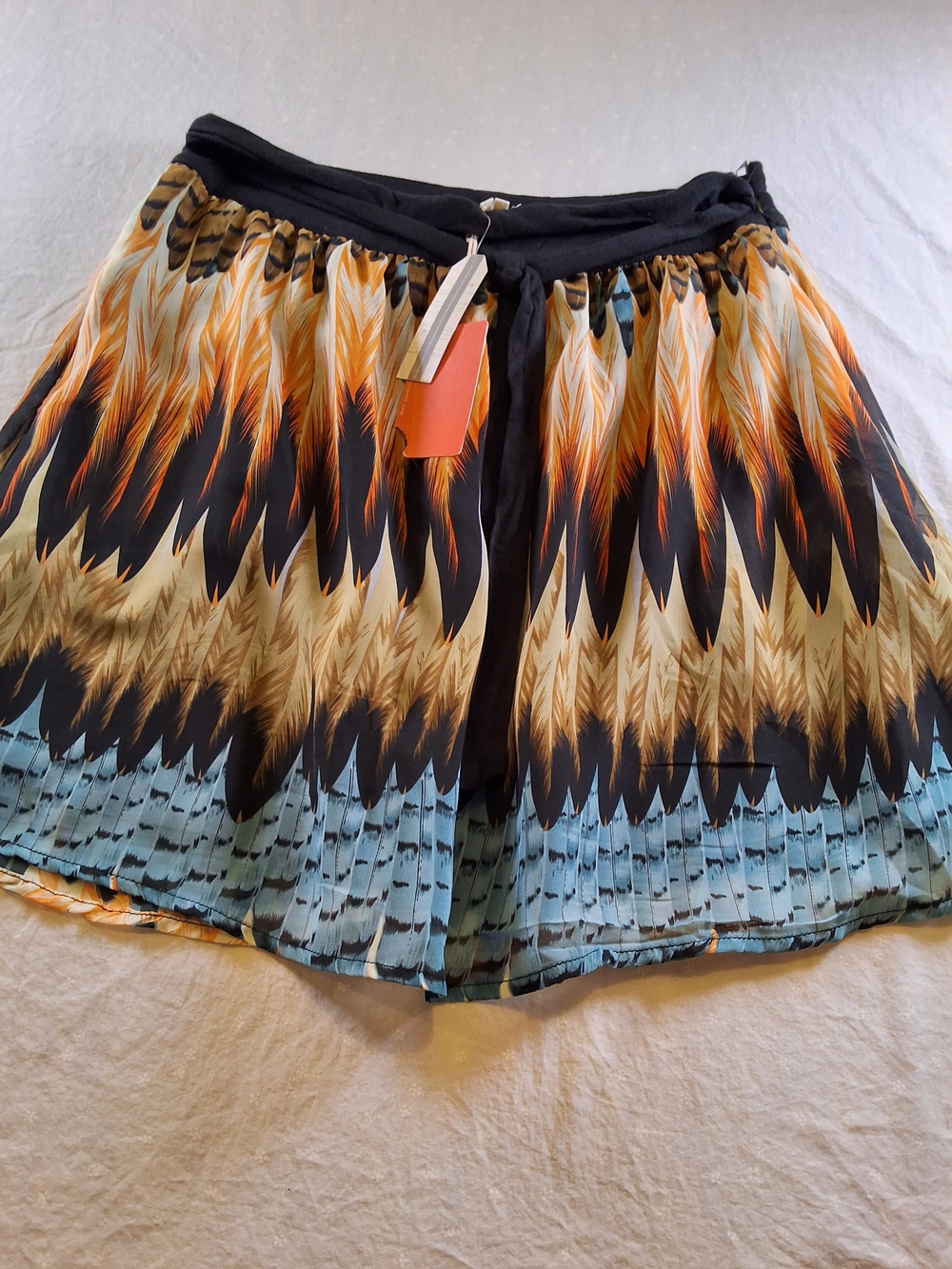 Tulle Black Skirt-Shorts with Orange, Cream & Blue Feather Print